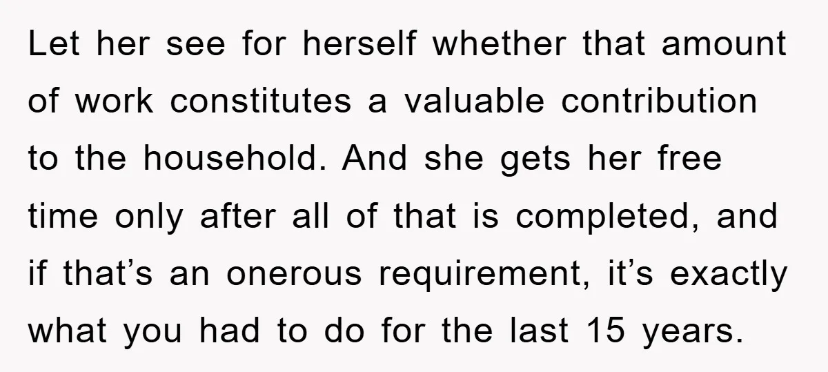 Let her see for herself whether that amount of work constitutes a valuable contribution to the household. And she gets her free time only after all of that is completed,...