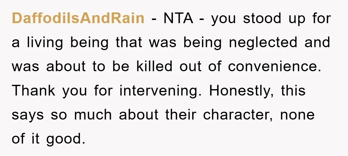 DaffodilsAndRain − NTA - you stood up for a living being that was being neglected and was about to be killed out of convenience. Thank you for intervening. Honestly, this...