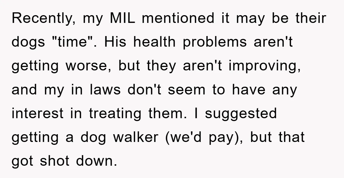 Recently, my MIL mentioned it may be their dogs "time". His health problems aren't getting worse, but they aren't improving, and my in laws don't seem to have any interest...