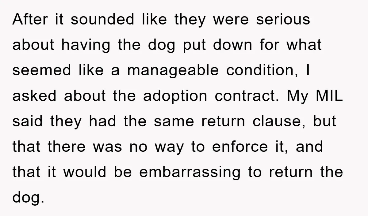 After it sounded like they were serious about having the dog put down for what seemed like a manageable condition, I asked about the adoption contract. My MIL said they...