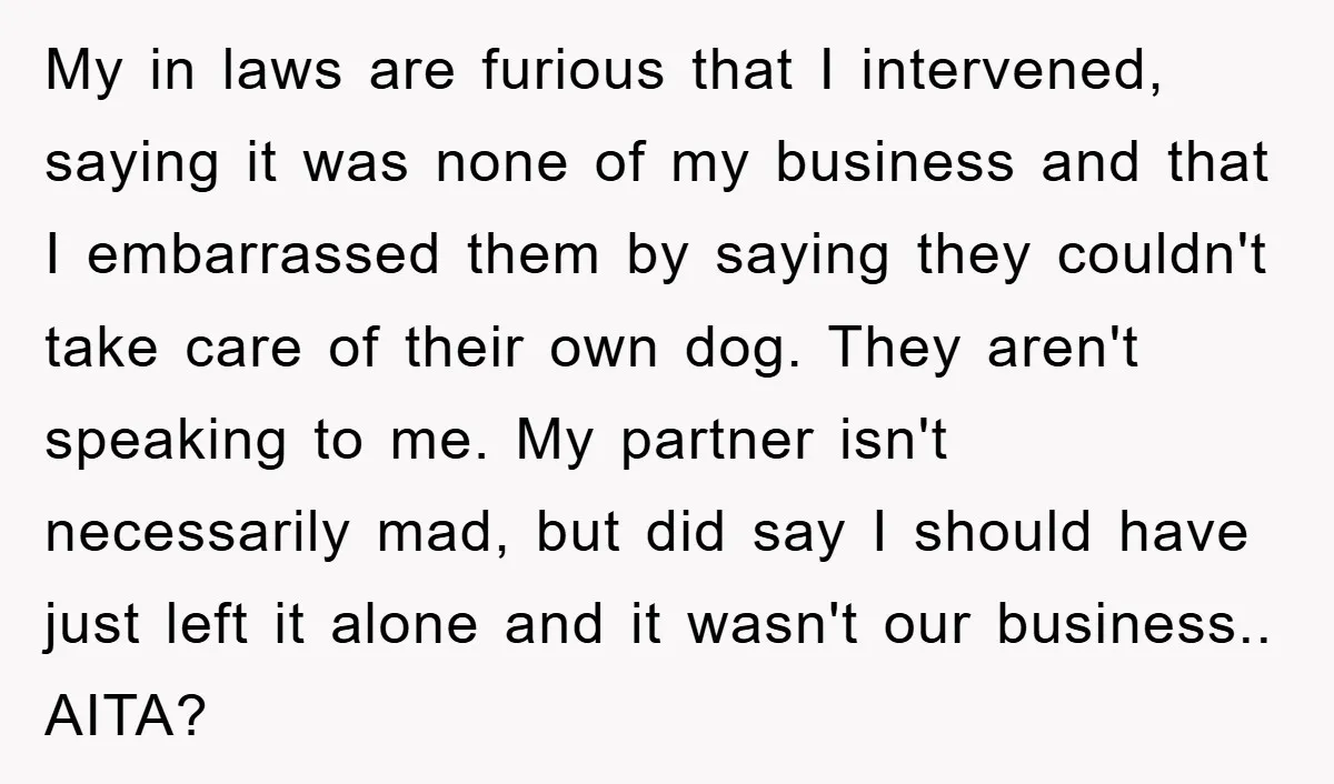 My in laws are furious that I intervened, saying it was none of my business and that I embarrassed them by saying they couldn't take care of their own dog....