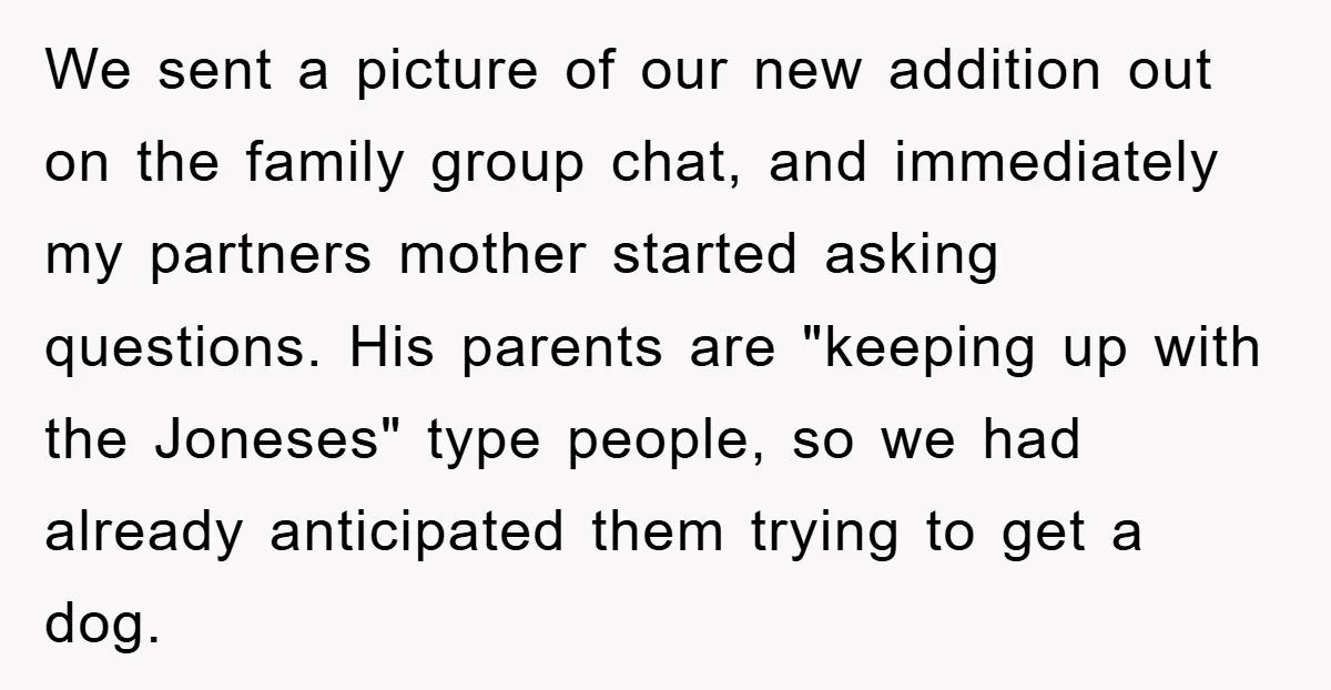 We sent a picture of our new addition out on the family group chat, and immediately my partners mother started asking questions. His parents are "keeping up with the Joneses"...