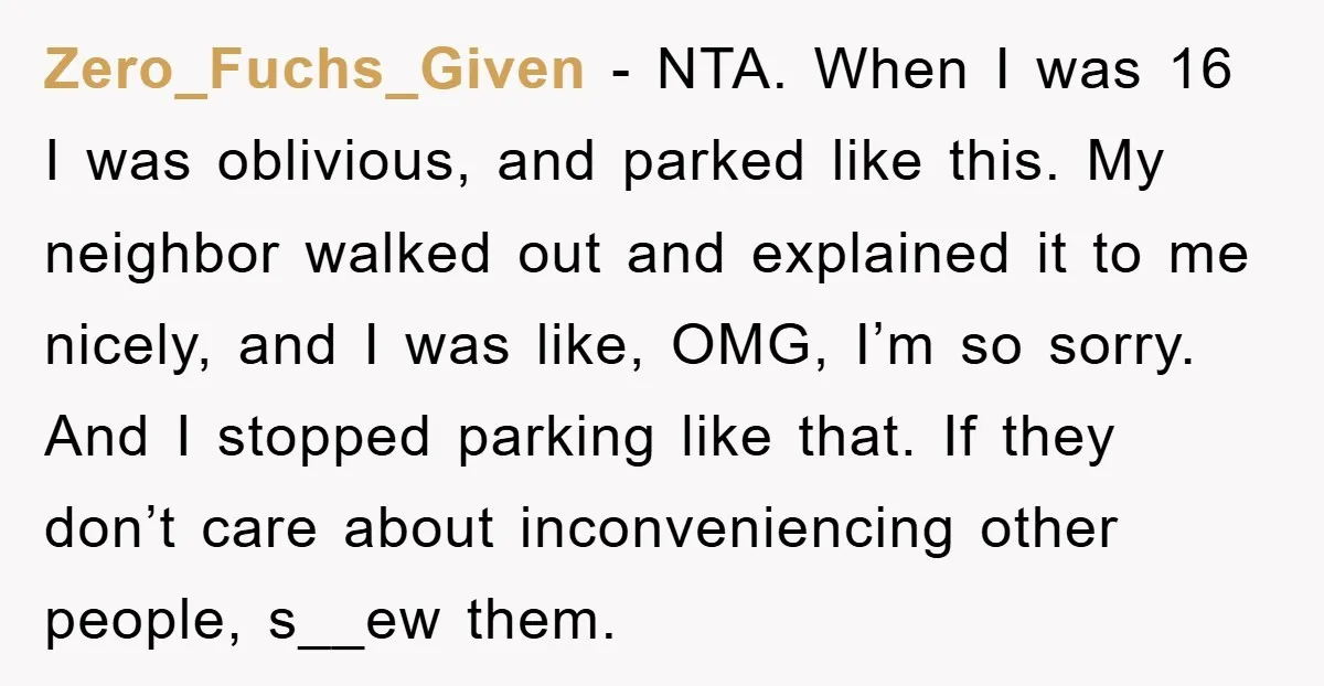 Zero_Fuchs_Given − NTA. When I was 16 I was oblivious, and parked like this. My neighbor walked out and explained it to me nicely, and I was like, OMG, I’m...