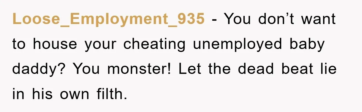 Loose_Employment_935 − You don’t want to house your cheating unemployed baby daddy? You monster! Let the dead beat lie in his own filth.