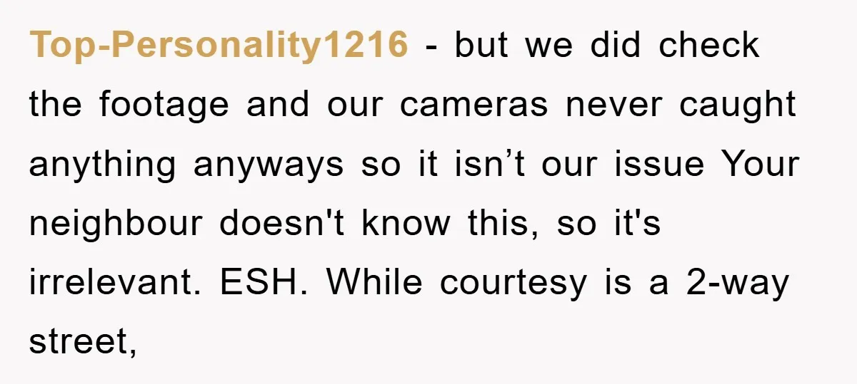 Top-Personality1216 − but we did check the footage and our cameras never caught anything anyways so it isn’t our issue Your neighbour doesn't know this, so it's irrelevant. ESH. While...