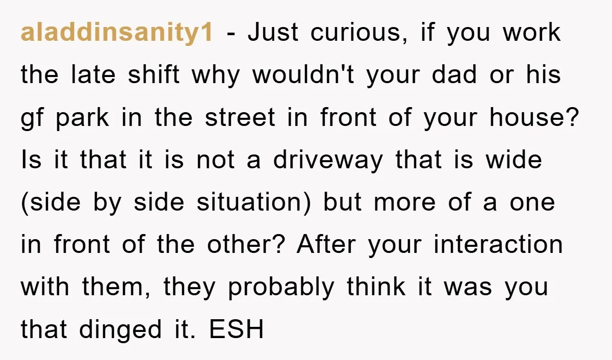 aladdinsanity1 − Just curious, if you work the late shift why wouldn't your dad or his gf park in the street in front of your house? Is it that it...