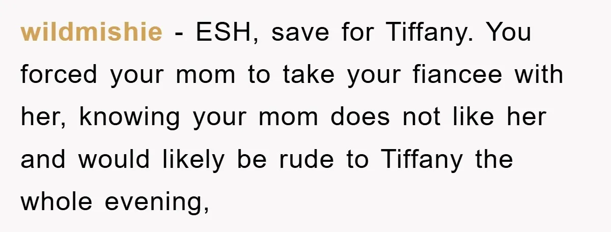 wildmishie − ESH, save for Tiffany. You forced your mom to take your fiancee with her, knowing your mom does not like her and would likely be rude to Tiffany...