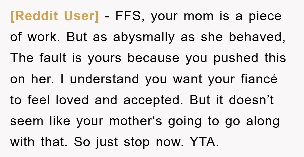 [Reddit User] − FFS, your mom is a piece of work. But as abysmally as she behaved, The fault is yours because you pushed this on her. I understand you...
