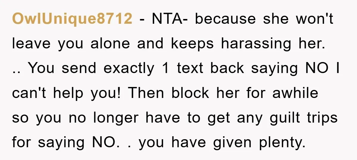 OwlUnique8712 − NTA- because she won't leave you alone and keeps harassing her. .. You send exactly 1 text back saying NO I can't help you! Then block her for...