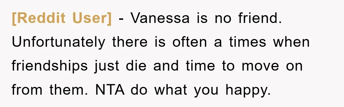 [Reddit User] − Vanessa is no friend. Unfortunately there is often a times when friendships just die and time to move on from them. NTA do what you happy.