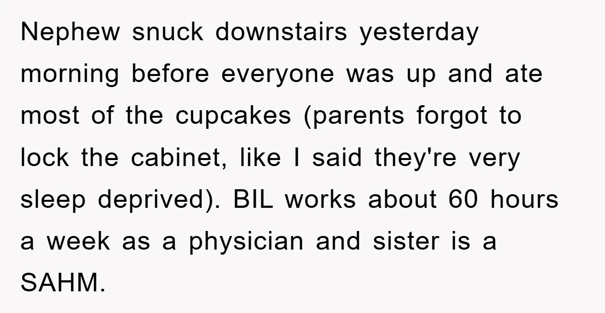 Nephew snuck downstairs yesterday morning before everyone was up and ate most of the cupcakes (parents forgot to lock the cabinet, like I said they're very sleep deprived). BIL works...