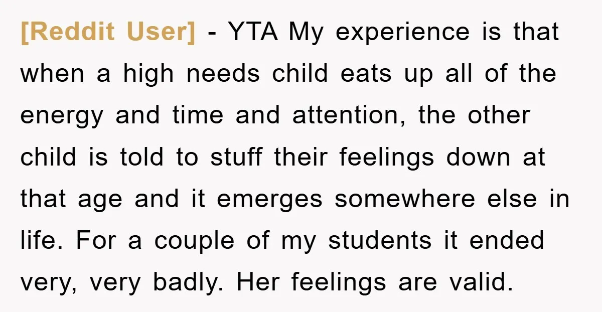 [Reddit User] − YTA My experience is that when a high needs child eats up all of the energy and time and attention, the other child is told to stuff...