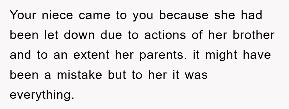 Your niece came to you because she had been let down due to actions of her brother and to an extent her parents. it might have been a mistake but...