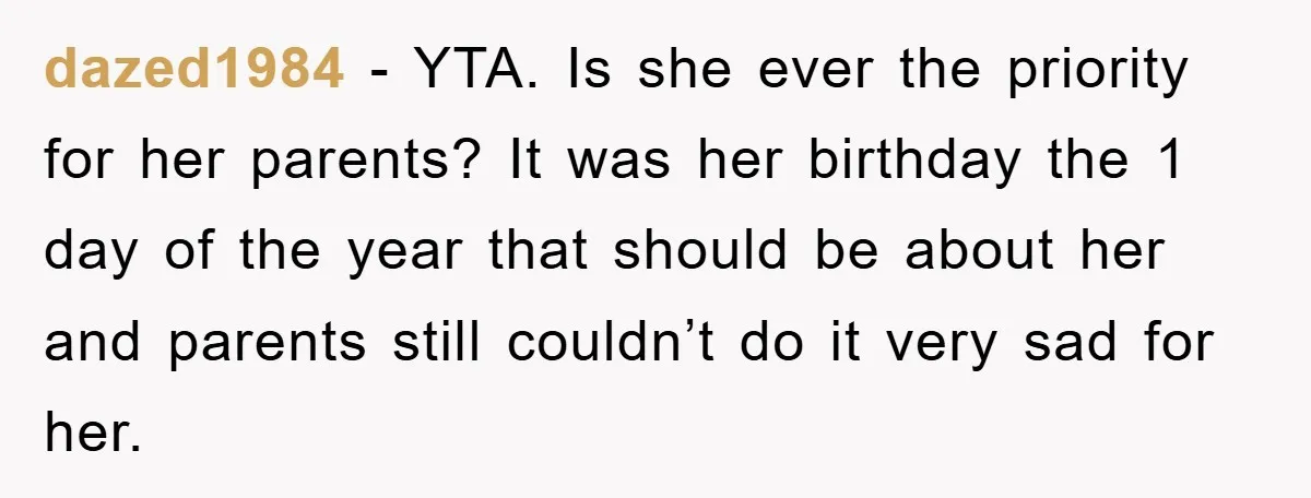 dazed1984 − YTA. Is she ever the priority for her parents? It was her birthday the 1 day of the year that should be about her and parents still couldn’t...