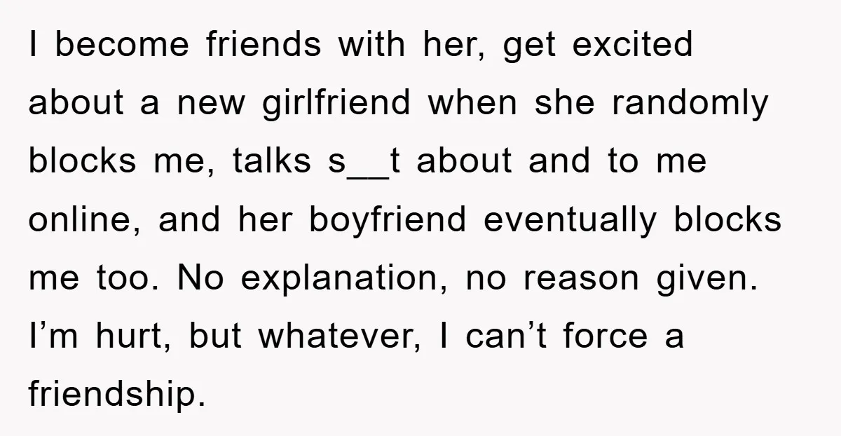I become friends with her, get excited about a new girlfriend when she randomly blocks me, talks s__t about and to me online, and her boyfriend eventually blocks me too....