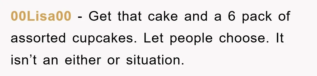 00Lisa00 − Get that cake and a 6 pack of assorted cupcakes. Let people choose. It isn’t an either or situation.