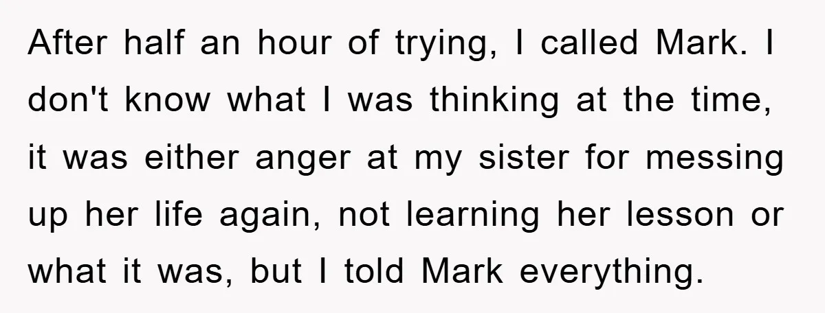 After half an hour of trying, I called Mark. I don't know what I was thinking at the time, it was either anger at my sister for messing up her...