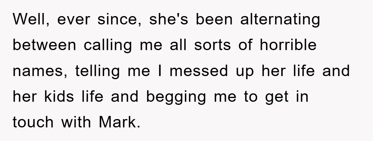 Well, ever since, she's been alternating between calling me all sorts of horrible names, telling me I messed up her life and her kids life and begging me to get...