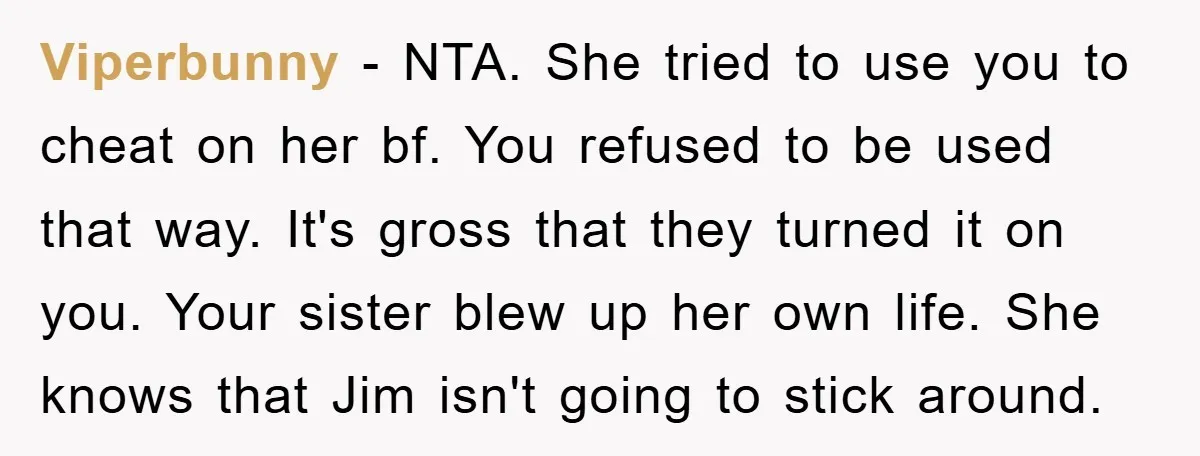 Viperbunny - NTA. She tried to use you to cheat on her bf. You refused to be used that way. It's gross that they turned it on you. Your sister...