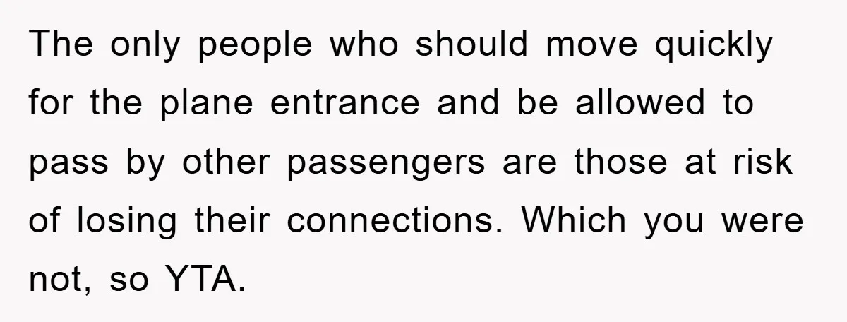 The only people who should move quickly for the plane entrance and be allowed to pass by other passengers are those at risk of losing their connections. Which you were...