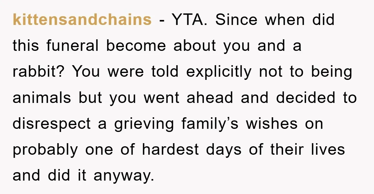 kittensandchains − YTA. Since when did this funeral become about you and a rabbit? You were told explicitly not to being animals but you went ahead and decided to disrespect...