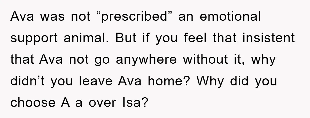 Ava was not “prescribed” an emotional support animal. But if you feel that insistent that Ava not go anywhere without it, why didn’t you leave Ava home? Why did you...