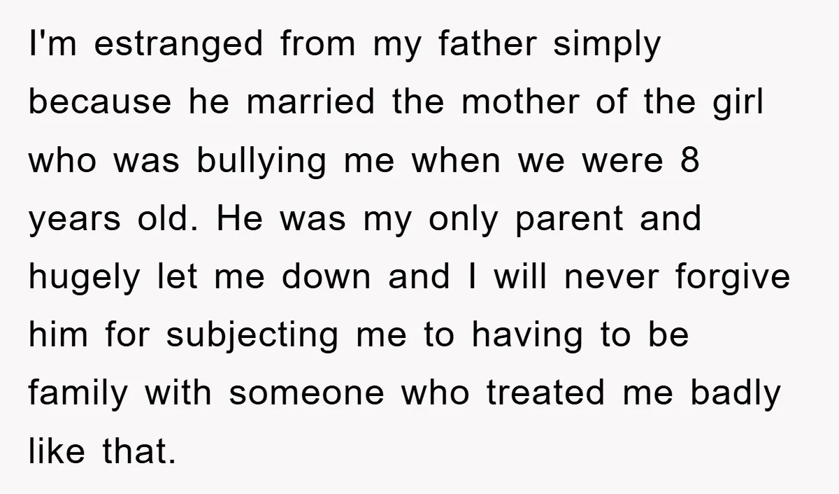 I'm estranged from my father simply because he married the mother of the girl who was bullying me when we were 8 years old. He was my only parent and...