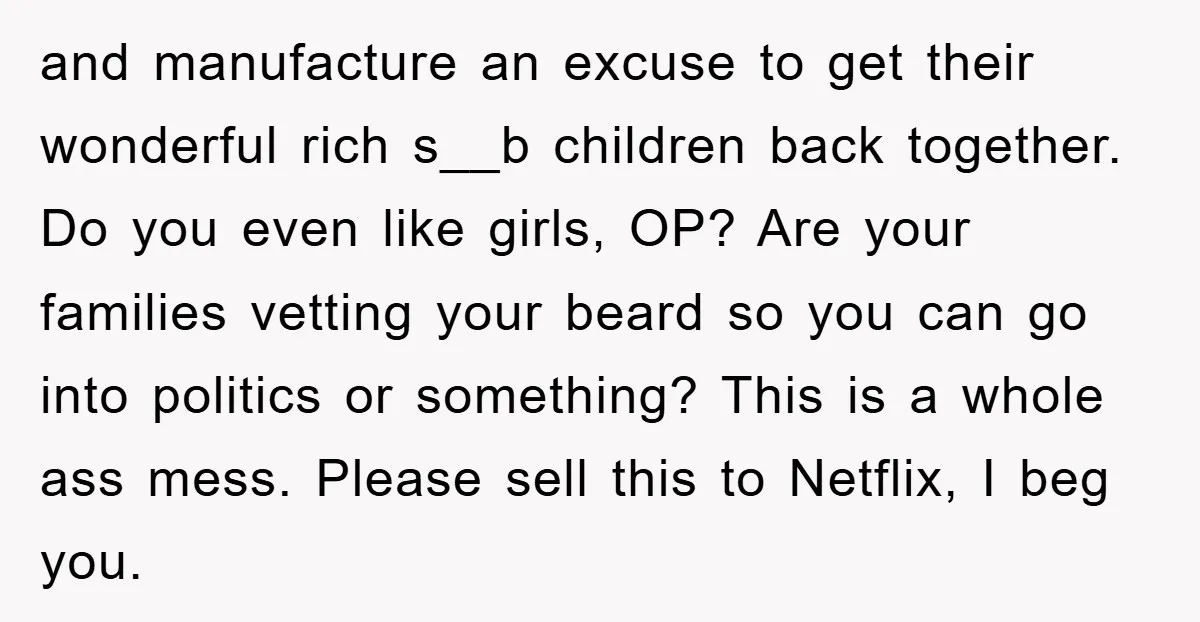 and manufacture an excuse to get their wonderful rich s__b children back together. Do you even like girls, OP? Are your families vetting your beard so you can go into...