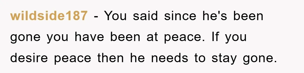 wildside187 − You said since he's been gone you have been at peace. If you desire peace then he needs to stay gone.