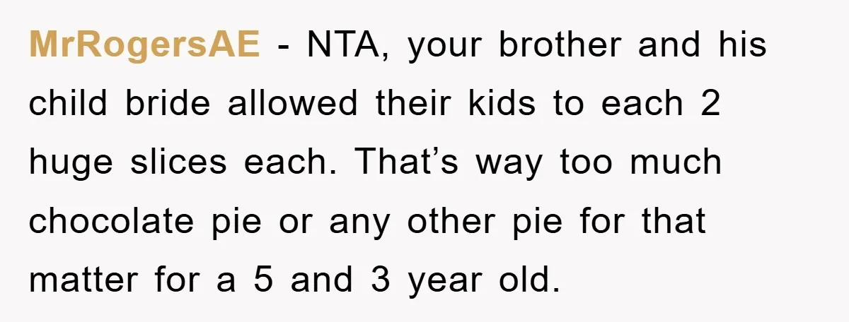 MrRogersAE − NTA, your brother and his child bride allowed their kids to each 2 huge slices each. That’s way too much chocolate pie or any other pie for that...