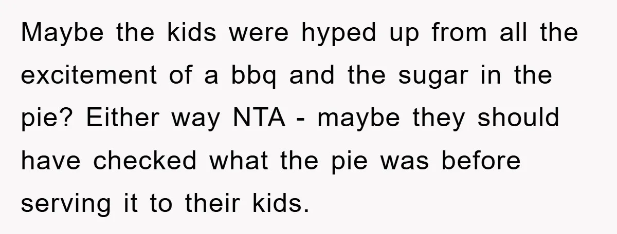 Maybe the kids were hyped up from all the excitement of a bbq and the sugar in the pie? Either way NTA - maybe they should have checked what the...