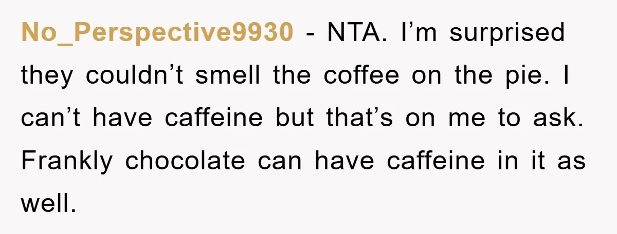 No_Perspective9930 − NTA. I’m surprised they couldn’t smell the coffee on the pie. I can’t have caffeine but that’s on me to ask. Frankly chocolate can have caffeine in it...