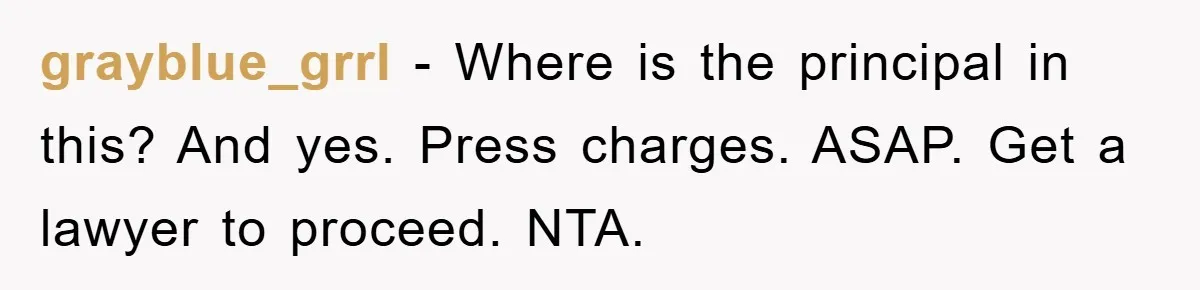 grayblue_grrl − Where is the principal in this? And yes. Press charges. ASAP. Get a lawyer to proceed. NTA.