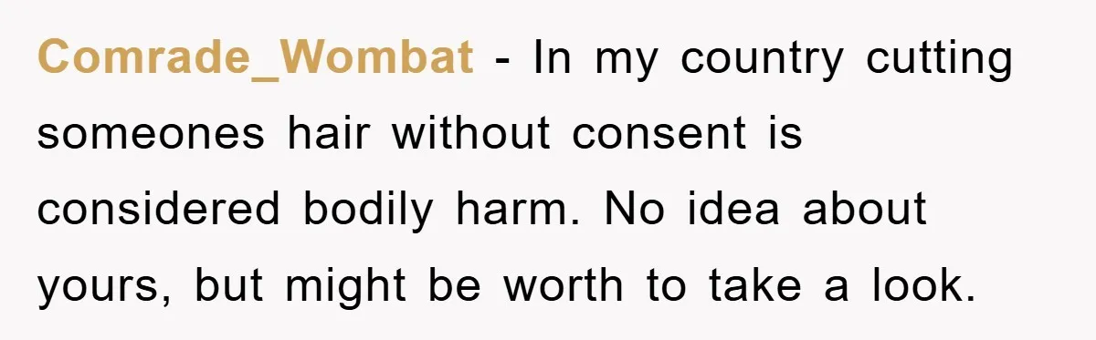 Comrade_Wombat − In my country cutting someones hair without consent is considered bodily harm. No idea about yours, but might be worth to take a look.