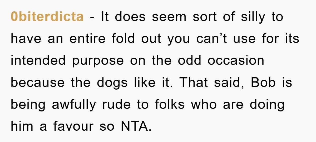 0biterdicta − It does seem sort of silly to have an entire fold out you can’t use for its intended purpose on the odd occasion because the dogs like it....
