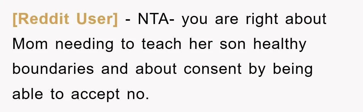 [Reddit User] - NTA- you are right about Mom needing to teach her son healthy boundaries and about consent by being able to accept no.
