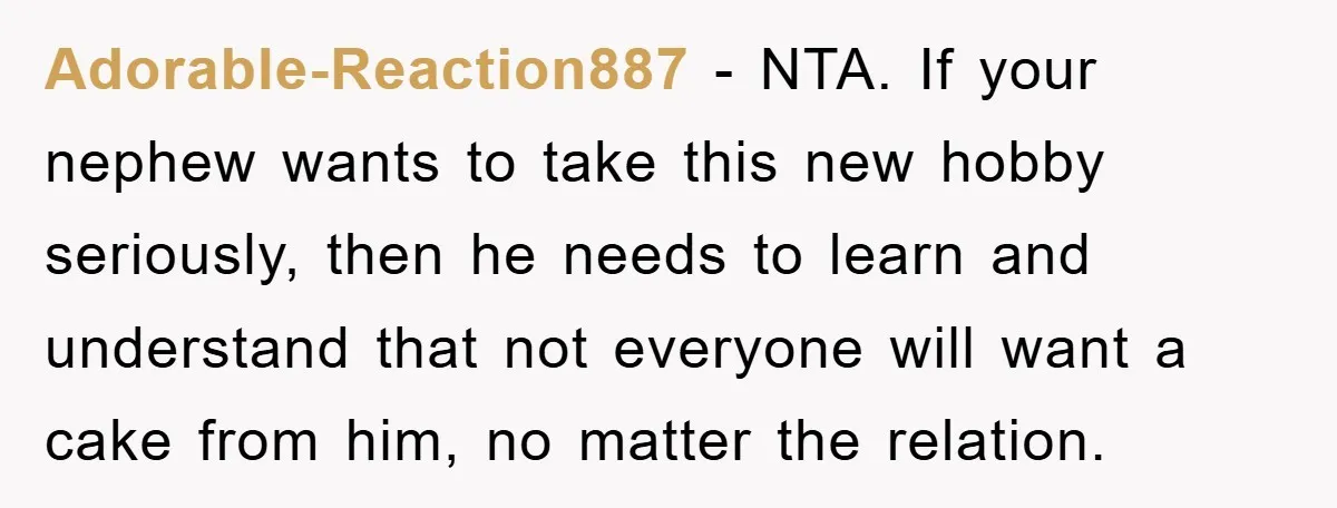 Adorable-Reaction887 - NTA. If your nephew wants to take this new hobby seriously, then he needs to learn and understand that not everyone will want a cake from him, no...