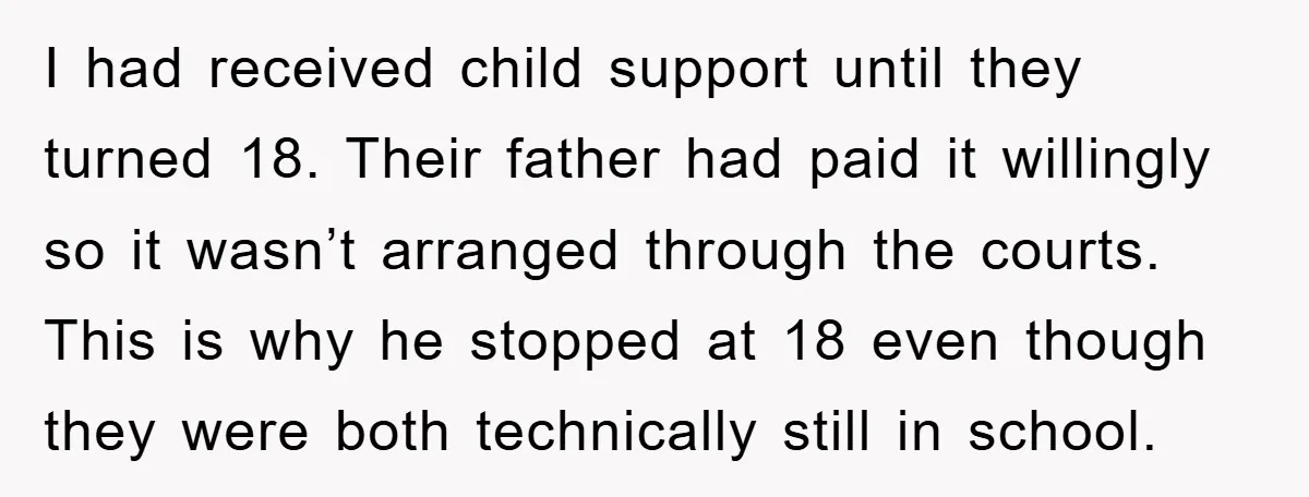 I had received child support until they turned 18. Their father had paid it willingly so it wasn’t arranged through the courts. This is why he stopped at 18 even...
