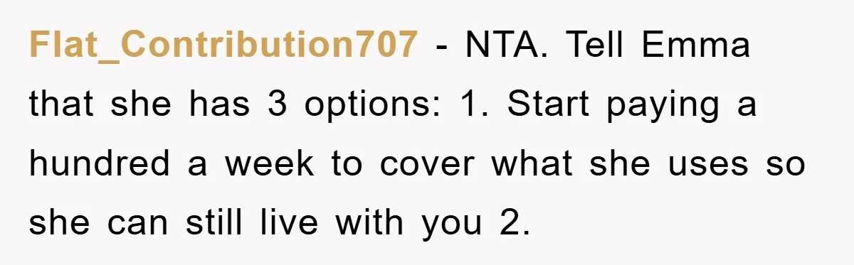 Flat_Contribution707 − NTA. Tell Emma that she has 3 options: 1. Start paying a hundred a week to cover what she uses so she can still live with you 2.