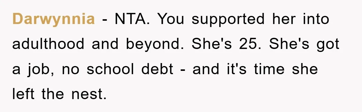Darwynnia − NTA. You supported her into adulthood and beyond. She's 25. She's got a job, no school debt - and it's time she left the nest.