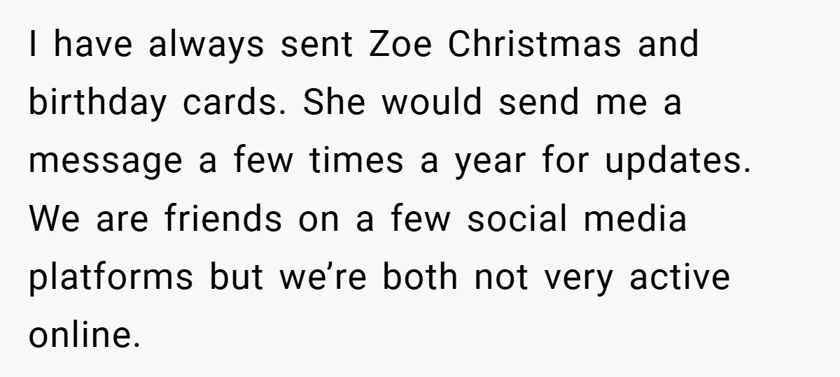 I have always sent Zoe Christmas and birthday cards. She would send me a message a few times a year for updates. We are friends on a few social media...