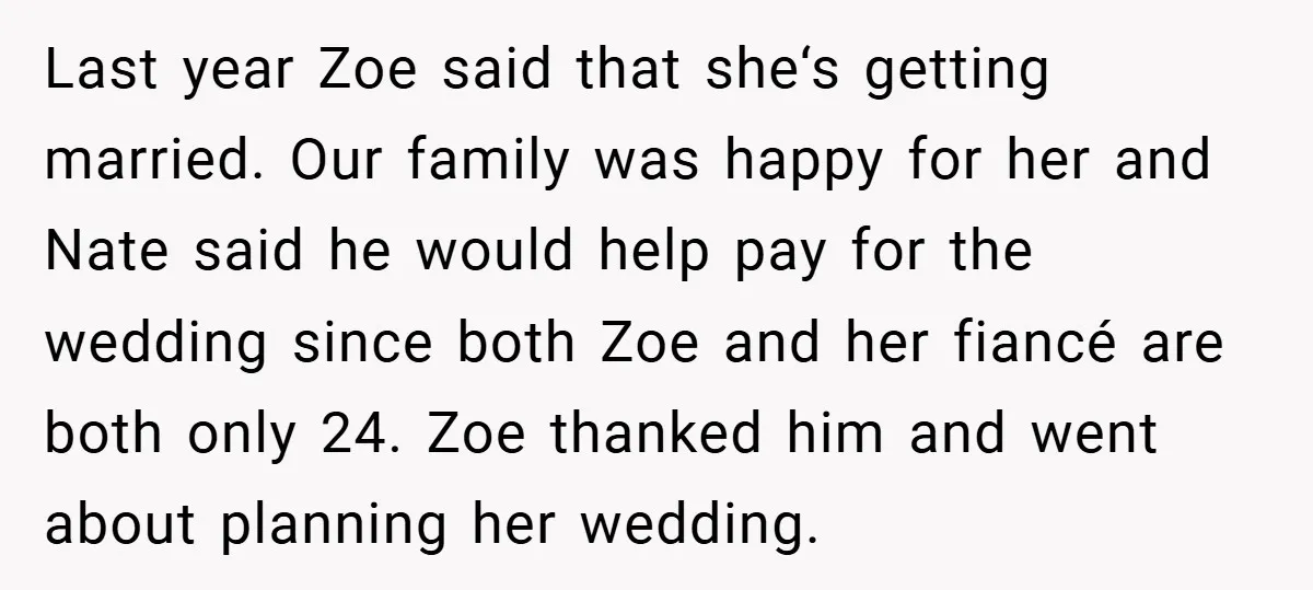 Last year Zoe said that she‘s getting married. Our family was happy for her and Nate said he would help pay for the wedding since both Zoe and her fiancé...