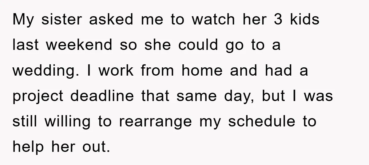 My sister asked me to watch her 3 kids last weekend so she could go to a wedding. I work from home and had a project deadline that same day,...
