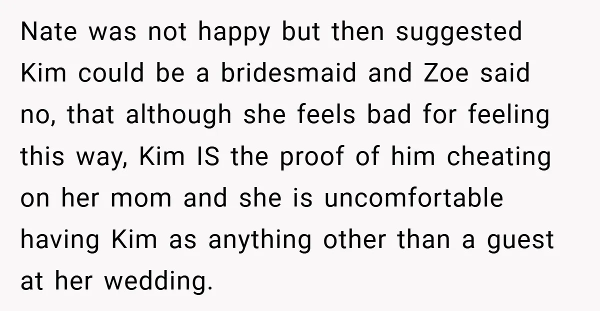 Nate was not happy but then suggested Kim could be a bridesmaid and Zoe said no, that although she feels bad for feeling this way, Kim IS the proof of...