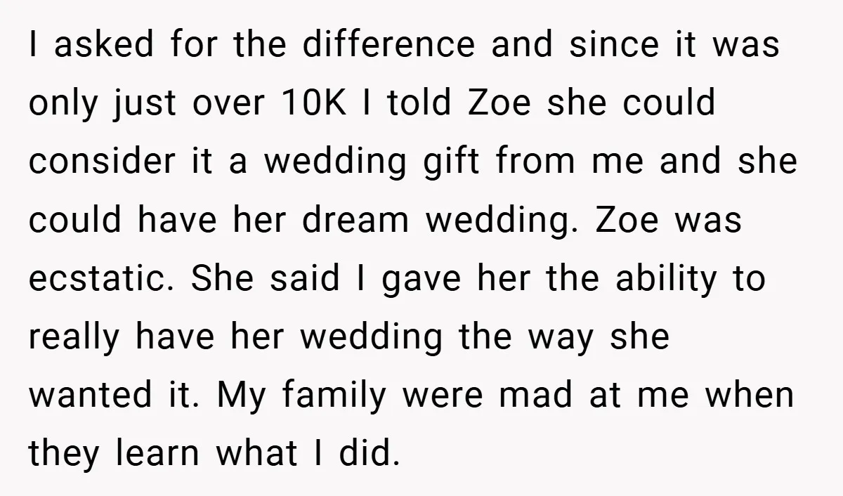 I asked for the difference and since it was only just over 10K I told Zoe she could consider it a wedding gift from me and she could have her...