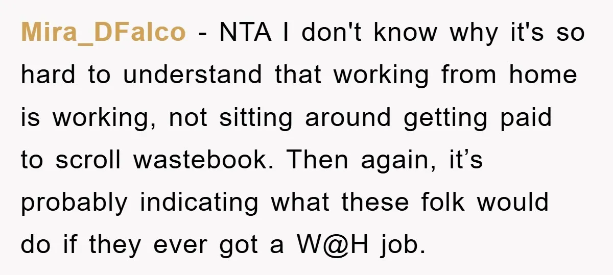 Mira_DFalco − NTA I don't know why it's so hard to understand that working from home is working, not sitting around getting paid to scroll wastebook. Then again, it’s probably...
