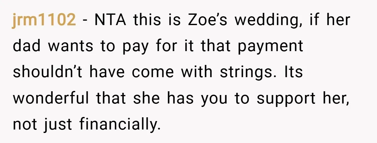 jrm1102 − NTA this is Zoe’s wedding, if her dad wants to pay for it that payment shouldn’t have come with strings. Its wonderful that she has you to support...