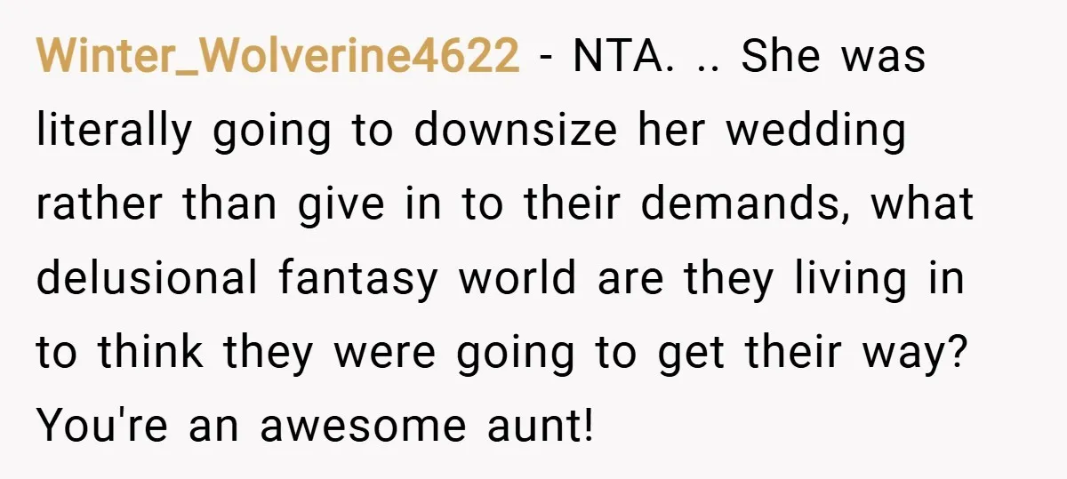 Winter_Wolverine4622 − NTA. .. She was literally going to downsize her wedding rather than give in to their demands, what delusional fantasy world are they living in to think they...
