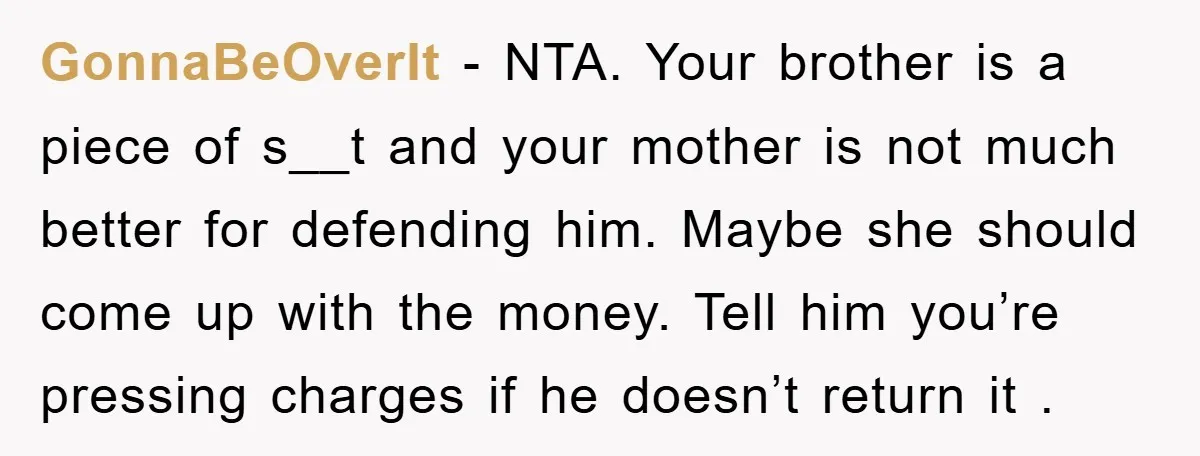 GonnaBeOverIt − NTA. Your brother is a piece of s__t and your mother is not much better for defending him. Maybe she should come up with the money. Tell him...