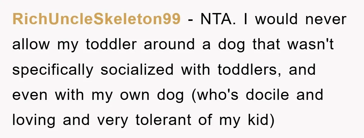RichUncleSkeleton99 − NTA. I would never allow my toddler around a dog that wasn't specifically socialized with toddlers, and even with my own dog (who's docile and loving and very...